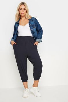 Shop YOURS Curve Navy Blue Cropped Harem Joggers at Yours Clothing. Discover women’s plus size clothing in sizes 10-36 with fast delivery. Harem Trousers, Curve Fashion, Swimwear Trends, Tall Clothing, Graduation Outfit, Under Dress, Plus Size Kleidung, Plus Size Womens Clothing, Fashion Fits