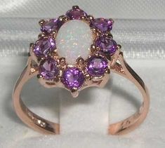 Natural Opal & Amethyst Engagement Ring, Solid 9K Rose Gold Cluster Flower Ring, English Antique Style Floral Ring Customize:14k,18k - Etsy Cluster Ring Set, Amethyst Ring Engagement, Precious Opal, Floral Ring, Amethyst Cluster, Natural Opal, White Opal, Flower Ring, Design Floral