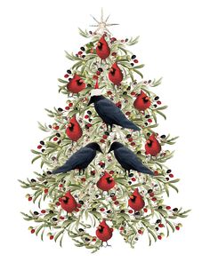 two black birds sitting on top of a christmas tree with red berries and mists