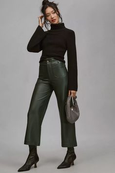 The Colette Cropped Wide-Leg Faux Leather Pants by Maeve | Anthropologie Leather Pants Outfit Winter, Slacks Outfit, Leather Pants Outfit, Cropped Wide Leg Pants, Faux Leather Pants, Winter 2023, Winter Fashion Outfits, Pants Outfit, Cropped Jeans