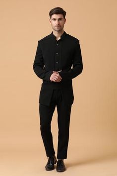 Shop for Kudrat Couture Black Hosiery Textured Bandhgala Set for Men Online at Aza Fashions Designer Buttons, Full Sleeves, Mandarin Collar, Aza Fashion, Full Sleeve, Hosiery, Patch Pocket, Normcore, Sleeve Length