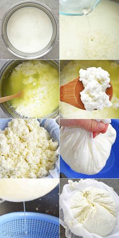 four pictures showing how to make dumplings with cheese and sour cream in the process