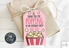 thank you for popping by my birthday party love story gift tag with popcorn on it