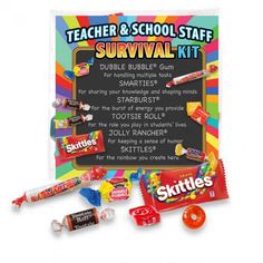 the teacher and school staff survival kit includes candy, gums, and other items