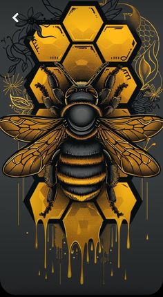 a yellow and black bee with honeycombs on it's back, in front of