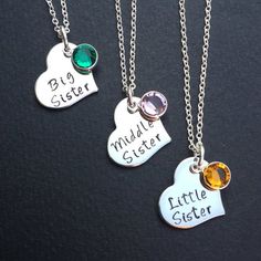 3 sisters necklace - Set of 3 Necklaces with birthstones - Heart Necklace Set - Sisters Necklace Set - big sister, middle sister, little sisterThis is a set of 3 necklaces with 3/4 inch heart shaped stainless steel blanks hand stamped with "Big Sister", "Middle Sister" and "Little Sister" and  personalized 6 mm swarovski birthstones color of your choice. Makes a great gift for you and your sisters.Comes in 18 inch Silver Chain with lobster clasp for closure. I also have 16, 20 and 22 inch chains Sister Jewelry For 3, Heart Sisters, 3 Sisters, Matching Sister Necklaces For 3 Sibling, Sister Necklace For 3 Jewelry, Twin Sister Necklace For 2, Sister Necklace For 2, Three Sisters Necklace, Sister Necklace Set