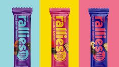 three different flavors of fruit bars on colorful background with text that reads, all sizes