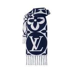 LOUIS VUITTON® - Lv Medallion Scarf - Bleu Marine Lv Scarf Blue, Lv Scarf, Micro Bags, Louis Vuitton Official Website, Slouchy Bag, Trunk Bag, Latest Bags, Long Fringe, Leather Denim