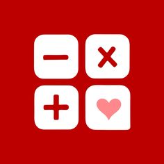 four square icons with hearts and cross marks on them, all in different colors against a red background