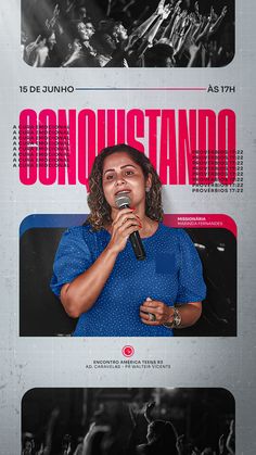 a woman is speaking into a microphone in front of a poster that reads conjunustanoo