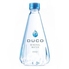 a bottle of water that is sitting on a white surface with the words duoo in it