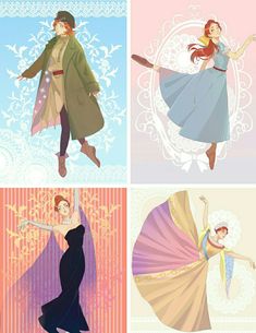 four disney princesses in different outfits, one is dancing and the other is holding an umbrella