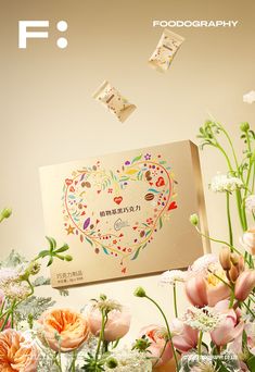 an advertisement for food photography with flowers in the foreground and cards flying above it