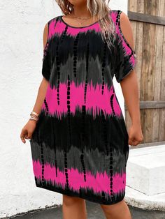 Plus Size Round Neck Open Shoulder Short Color Block Dress, Casual Daily Wear Multicolor Casual  Short Sleeve Fabric Colorblock,Striped,Tie Dye,All Over Print Tee High Stretch  Women Plus Clothing, size features are:Bust: ,Length: ,Sleeve Length: Color Block Dress, Block Dress, Striped Tie, Colorblock Dress, Vestido Casual, Printed Tees, Dress P, Plus Clothing, Open Shoulder