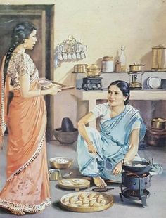 a painting of two women cooking in a kitchen