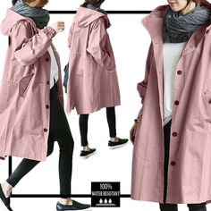 lady in a soft pink oversized windbreaker made from water resistant material and with a hood. Showing from different angles and with a sticker 100% water resistant. Spring Trench, Hooded Trench Coat, Long Overcoat, Winter Trench Coat, Womens Windbreaker, Oversize Women, Long Trench, Long Trench Coat, Estilo Chic