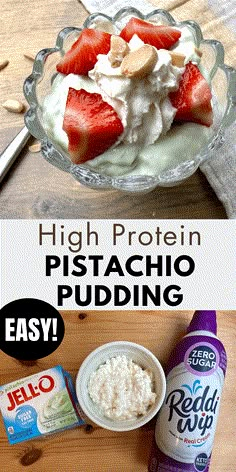 High protein pistachio pudding topped with sugar-free whipped cream and strawberries. Pictures of ingredients include cottage cheese, zero-sugar whipping cream and sugar-free pistachio pudding. Pistachio Pudding With Cottage Cheese, Low Carb Pistachio Pudding Dessert, Pistachio Pudding Dessert With Cottage Cheese, High Protein Puddings, Pudding Made With Cottage Cheese, Cottage Cheese With Pudding, Sf Pudding Recipes, Protein Pistachio Pudding, Low Carb Pistachio Dessert