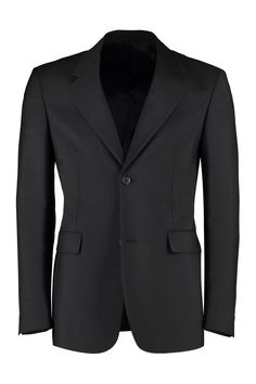 F0002 PRADA PADDED SHOULDERS WOOL AND MOHAIR BLAZER Prada Blazer, Black Outerwear, Man Pad, Leather Cap, Year 2024, Prada Men, Shoulder Design, Fashion House, Black Blazer