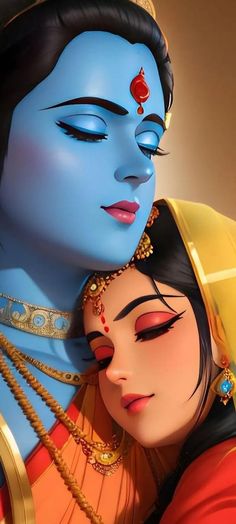 a painting of a woman hugging a man with blue skin and gold jewelry on his face