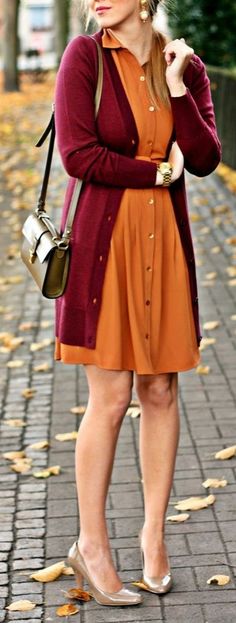 Orange Dress Outfit, Outfit Ideas Cardigans, Orange Dress Outfits, Popular Fall Outfits, Outfits With Air Force Ones, Outfits With Jordan 1s Fashion Styles, Maroon Outfit, Burnt Orange Dress, Smen