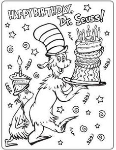 the cat in the hat coloring page for dr seussl and his birthday cake