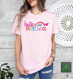 Hello Preschool T-shirt, Preschool Teacher Team Shirt, Back to School Gift, First Day of Preschool Tee, Elementary Teacher Appreciation Gift HOW TO ORDER 1. From the two Drop-down menus select the Size and the Shirt Color you need. 2. Add these to your cart. *You will need to return to the listing to add the other sizes and designs you need before checking out. 3. After adding all the shirts to the Cart, Checkout them together. DELIVERY & RETURN Order Processing time for Dispatch: 1 working days Back To School T-shirt With Heat Transfer Vinyl, Pink T-shirt With Name Print For School, Crew Neck T-shirt With Name Print For Daycare, Pink Short Sleeve T-shirt For School Events, Pink T-shirt For Back To School, Cotton T-shirt With Name Print For Daycare, Back To School T-shirt With Name Print For Daycare, Back To School T-shirt For Daycare With Crew Neck, Name Print T-shirt For Daycare And Back To School