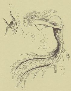 a drawing of a mermaid and a fish in the water with bubbles coming out of their mouths