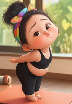 a cartoon character is standing on a yoga mat with her arms stretched out and eyes closed