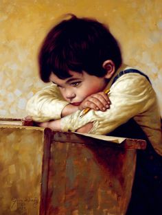 a painting of a young boy leaning on a box