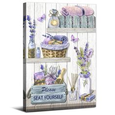 a painting of lavenders and other items on shelves with the words please seat yourself