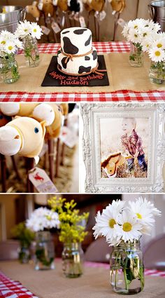 there are many different pictures on the table with flowers in vases and stuffed animals