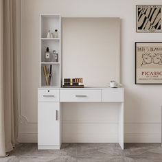 there is a white desk with a mirror and shelves on the wall next to it