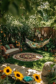 an outdoor area with sunflowers and hammock in the middle, surrounded by greenery