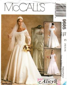 an image of a wedding gown and veil on the cover of a sewing pattern for a bride's dress