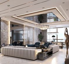 a large living room with high ceilings and modern furniture