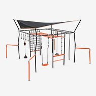 an orange and black play set with two swings, one on top of the other