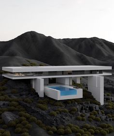 an artistic rendering of a house with a pool in the middle and mountains behind it