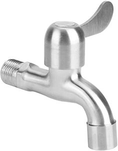 a stainless steel sink faucet with nozzles on the side and an angled handle