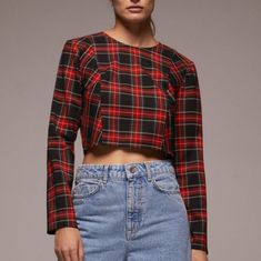 Plaid Crop Top Edgy Red Tops For Fall, Fitted Plaid Zara Tops, Zara Ribbed Top, Denim Tank Top, Denim Tank, Flirty Tops, Plaid Crop Top, Denim Crop Top, Black Sheer Top