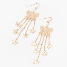 Claire's Gold 3" Filigree Butterfly Dangle Drop Earrings Gold Butterfly Charm Earrings For Party, Party Earrings With Gold Butterfly Charm, Gold Earrings With Butterfly Charm For Party, Gold Dangle Chandelier Earrings For Summer, Gold Chandelier Earrings For Summer Gift, Gold Chandelier Drop Earrings For Summer, Gold Dangle Butterfly Charm Jewelry, Gold Metal Earrings With Butterfly Charm, Gold Dangle Jewelry With Butterfly Charm