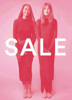 two women standing next to each other in front of a pink background with the words sale