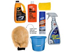 various cleaning products are arranged on top of each other, including sponges and cleaner