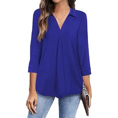 Fabric:Polyester; Sleeve Length:Long Sleeve; Gender:Women's; Style:Streetwear,Casual; Elasticity:Inelastic; Tops Type:Shirt,Blouse; Occasion:Weekend,Work,Daily; Details:Without Lining; Top Length:Regular; Fit Type:Regular Fit; Pattern:Plain; Neckline:V Neck; Front page:FF; Production mode:External procurement; Bust:; Length:; Shoulder Width:; Sleeve:; Fit US Size:null; Fit UK Size:null; Fit EU Size:null Casual Blouse Women, Long Sleeve Denim Jacket, Long Sleeve Workout, Collar Designs, Loose Blouse, Casual Tank Tops, Collar Blouse, Short En Jean, V Neck Blouse