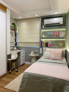 a bed room with a neatly made bed next to a desk and shelves on the wall