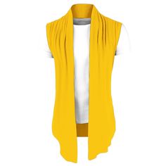 An irregular-hem cardigan vest is a perfect way to make you more attractive to casual looks. This style has a draped open front and falls below the hips. The long-line tailoring design is made of the soft material with a shawl collar, and asymmetric hem, which is great for layering from season to season. Wear it with casual jeans and formal pants at work or on off-duty days. A lightweight soft, breathable, and easy dry fabric is the perfect comfort to wear for everyday activity in all seasons. Fitted Open Front Vest For Fall, Fitted Open Front Vest For Layering, Open Front Vest For Layering, Yellow Sleeveless Vest Top, Affordable Yellow Sleeveless Vest, Yellow Casual Cardigan With Pockets, Yellow V-neck Summer Vest, Casual Yellow V-neck Vest, Open Front Vest