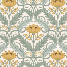 a yellow and green floral wallpaper with leaves