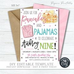 pancakes and pajamas birthday party invitation with pink envelope, digital file available for printable