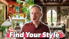 a man standing in front of a living room filled with furniture and potted plants