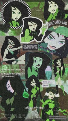 an image of some cartoon characters with green hair and black hair, one is holding a cup