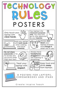 the technology rules poster is shown with instructions to help students learn how to use computers